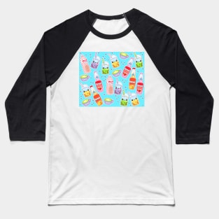 Colorful Kawaii Drinks on Bright Blue Baseball T-Shirt